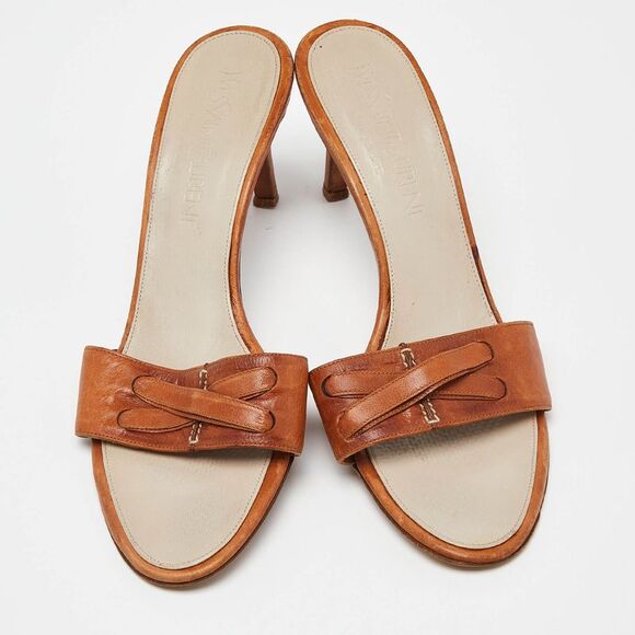Yves Saint Laurent Brown Leather Open Toe Slide Sandals Size 38.5 - Picture 3 of 4